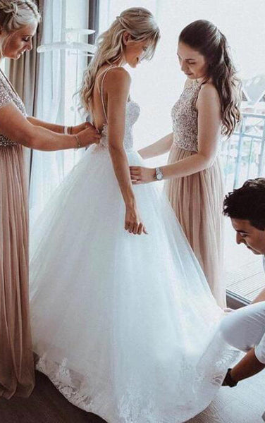 Ethereal Spaghetti Lace and Tulle Ball Gown Floor-length Sleeveless Wedding Dress with Beading