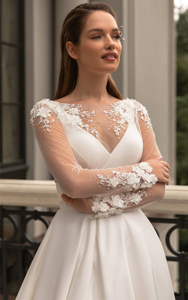 Modern Modest A-Line Illusion Long Sleeve Boho Wedding Dress Elegant Unique Beaded V-Neck Chapel Train Bridal Gown