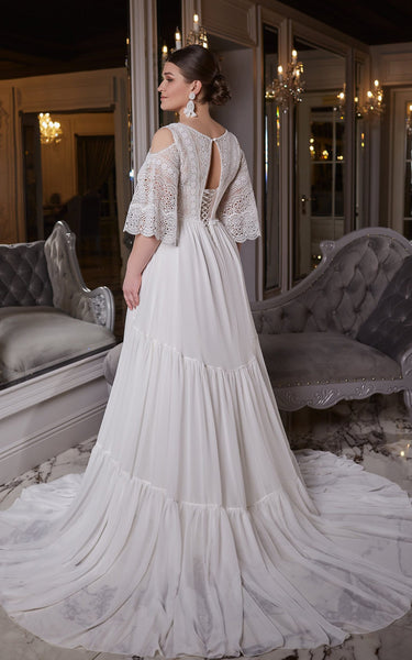 A-Line Garden V-neck Chiffon Wedding Dress With Keyhole Back And Appliques