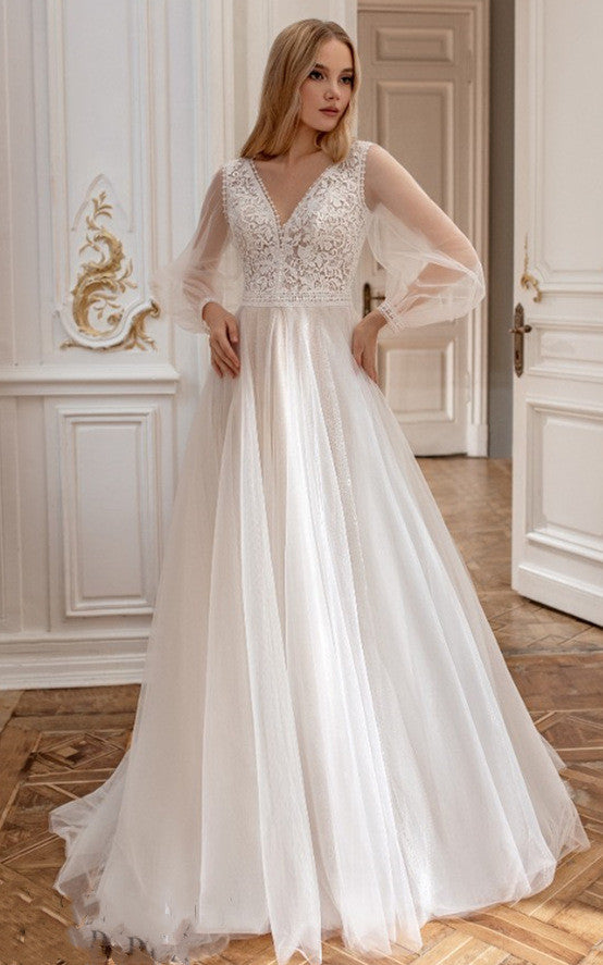 Bohemian A-Line V-neck Tulle Wedding Dress with Sweep Train