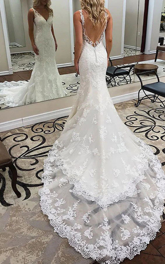 Sexy Mermaid Sleeveless Lace Wedding Dress Elegant Romantic Country Beach Garden V-neck Chapel Train