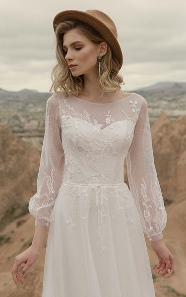 Elegant A-Line Bateau Wedding Dress With Illusion Long Sleeves And Lace-up Back