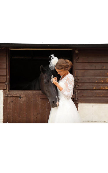 V-neck Lace Long Sleeve Tea-length Tulle Wedding Dress With Appliques