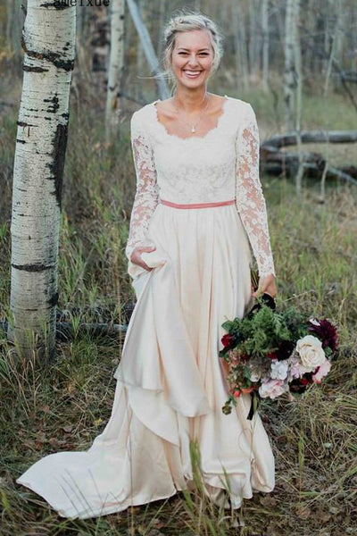 Country Modest Long Sleeve A-Line Scalloped Lace And Satin Wedding Gown