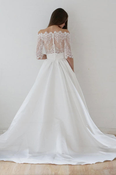 Off-The-Shoulder Lace A-Line Satin Two-Piece Wedding Dress With Sweep Train