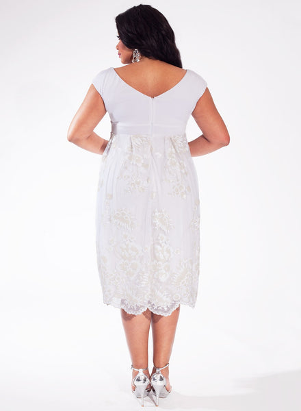 A-line Tea-length Lace Dress With Ruching And Low-V Back