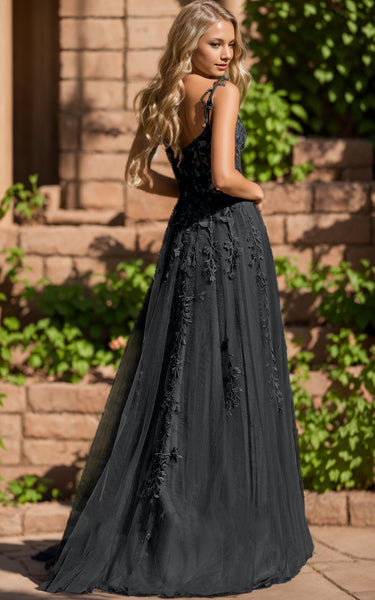 Gothic Floral Black Boho Lace A-Line Wedding Dress with Spaghetti Straps and Split Front