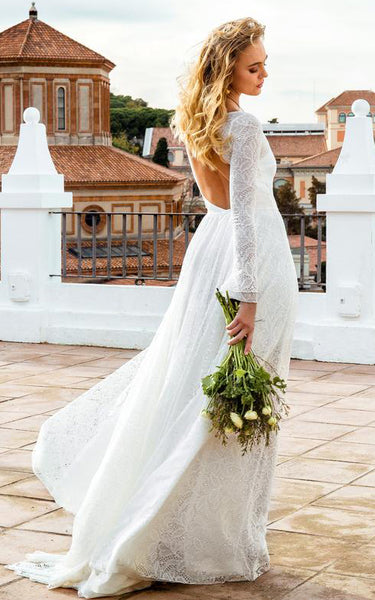 Bohemian A Line Lace Long Sleeve Scoop Floor-length Wedding Dress with Keyhole and Sweep Train