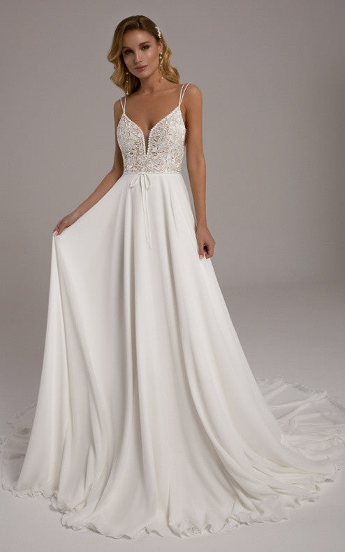 Sexy A-Line Plunging Neck Chiffon and Lace Court Train Wedding Dress