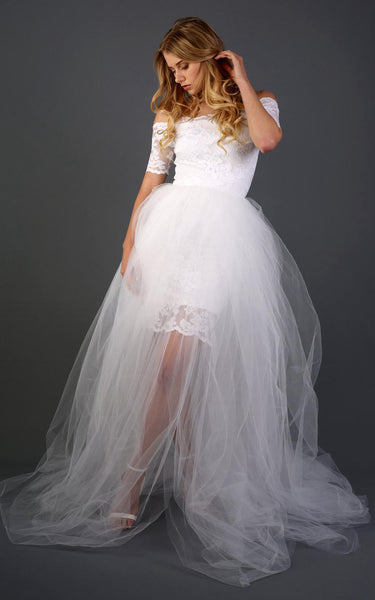 Full Lace Off-Shoulder Short Sheath Wedding Dress With Detachable Skirt