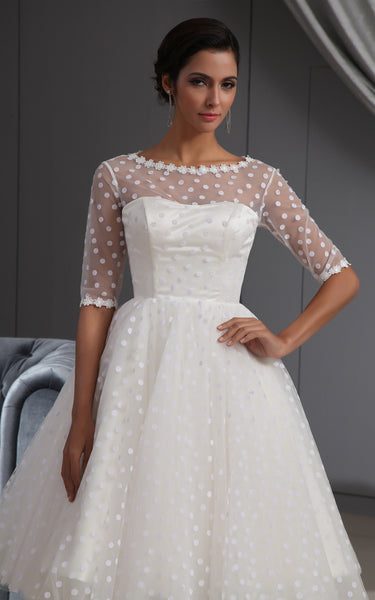 Half-Sleeve Illusion Knee-Length Short Dress With Lace and Dot