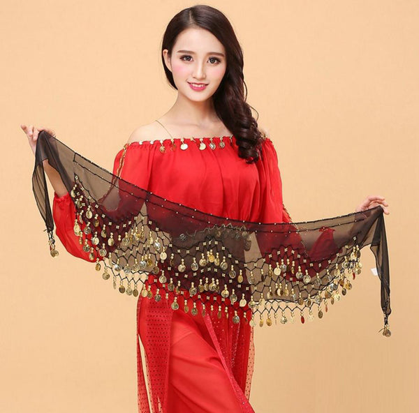 Chiffon Dangling Gold Coins Belly Dance Hip Skirt Scarf Wrap Belt