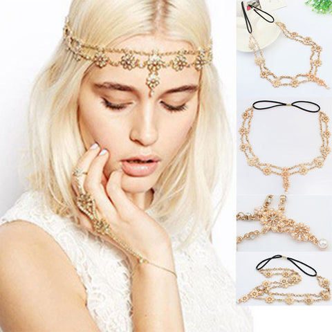 Pearl Tassel Flower Stretch Headband Hair Band Crystal Hair Chain Gold